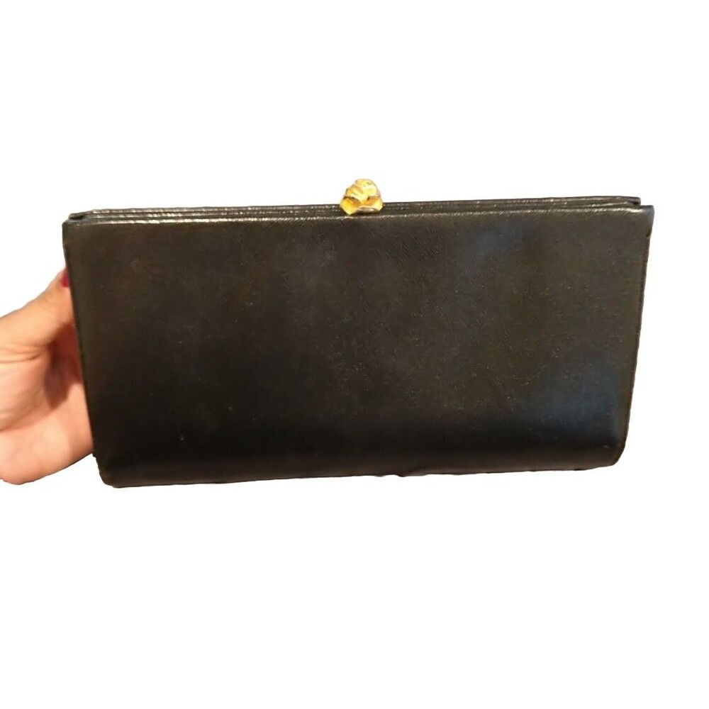 Vintage BIENEN DAVIS Clutch Bag Black Leather Purse Gold Rose Clasp 60's